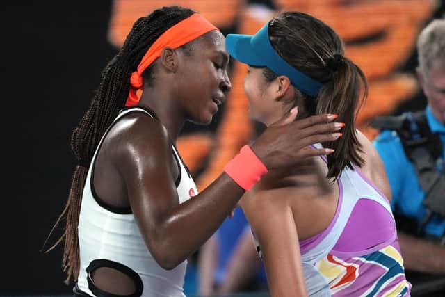 COMMISERATIONS: Coco Gauff (left) is congratulated by Emma Raducanu following their second round match at the Australian Open in Melbourne Picture: AP/Dita Alangkara