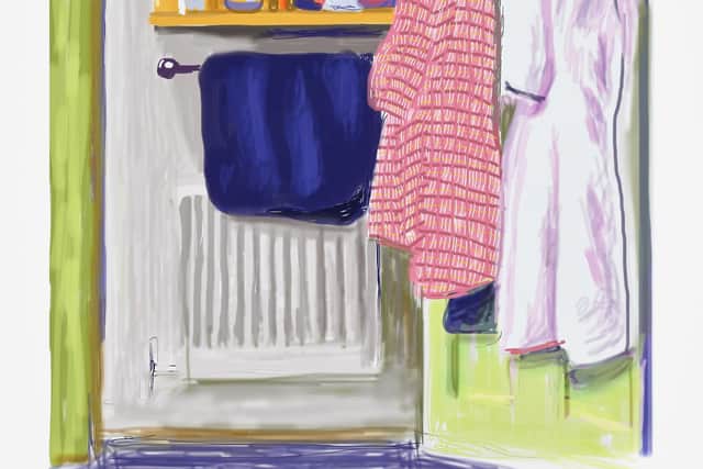 David Hockney

Untitled (577) (Two Robes)

2010

iPad drawing in colours, printed on wove paper, with full margins.

I. 81.3 x 61 cm (32 x 24 in.)

S. 94 x 71.1 cm (37 x 28 in.)

Signed, dated and numbered 23/25 in pencil, published by the artist (with his blindstamp), framed.

Estimate £50,000 - 70,000