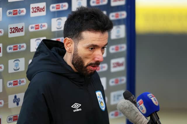 Carlos Corberan, manager of Huddersfield Town, is interviewed after the Sky Bet Championship match between Preston North End and Huddersfield Town at Deepdale on February 27, 2021.