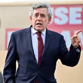 GLASGOW, SCOTLAND - MAY 05: Former Prime Minister Gordon Brown addresses activists as he attends a drive-in rally for Labour supporters with Scottish Labour leader Anas Sarwar ahead of tomorrows polling day in the parliamentary elections on May 5, 2021 in Glasgow, Scotland. The election campaign entered its final day, political party leaders were out campaigning on the final day before voters go to the polls to vote in the Scottish Parliamentary election on Thursday, May 6. (Photo by Jeff J Mitchell/Getty Images)