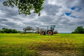 A farmer carrying out low emission slurry spreading in a field near Kilburn, North Yorkshire. Nature friendly farming is top of the agenda at conference.
Picture By Yorkshire Post Photographer,  James Hardisty. Date: 8th June 2023.