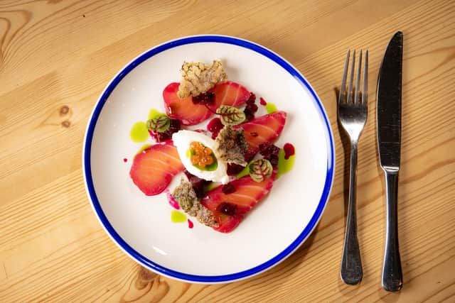 Forge Valley Roasters - The Kitchen at Wykeham near Scarborough. Gin cured salmon, beetroot & horseradish creme fraiche, with dill. Photograph by Tony Johnson