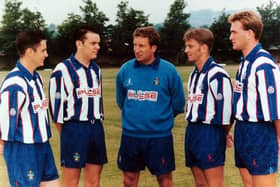 MEMORIES: Neil Warnock (centre) with his new signings Paul Reid, Robbie Ryan, Tom Cowan and Kevin Gray during his first spell as Huddersfield Town manager in 1994