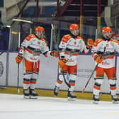 RETURN TO ACTION: Sheffield Steelers' players congratulate each other after Robert Dowd's goal ion the 4-1 win at Manchester Storm. Picture courtesy of Mark Ferris/EIHL Media.