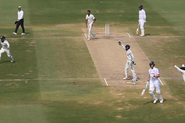 A key moment. England captain Ben Stokes is run out by a direct hit from Shreyas Iyer (out of picture) on day four of the second Test. Photo by Stu Forster/Getty Images.
