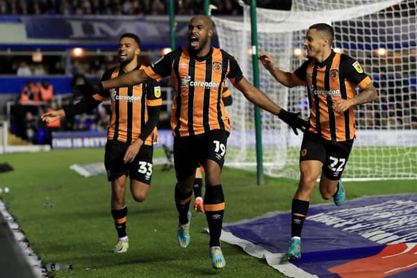 MAIN MAN: Hull City's Oscar Estupinan (centre) celebrates after scoring their sides first goal during the Sky Bet Championship match at St. Andrew's Picture Bradley Collyer/PA