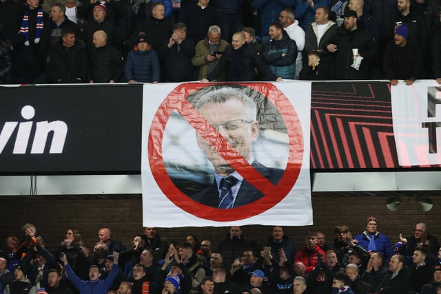 Rangers managing director Stewart Robertson was the target of fans’ anger ahead of the Europa League clash with Red Star Belgrade. Supporters unfurled three banners. "Better disabled facilities? No,” read one. "Friendly against the animals? Yes,” read the other, referring to the controversial match with Celtic in Australia. They were either side of a picture of Robertson behind a prohibition or no symbol. (Various)