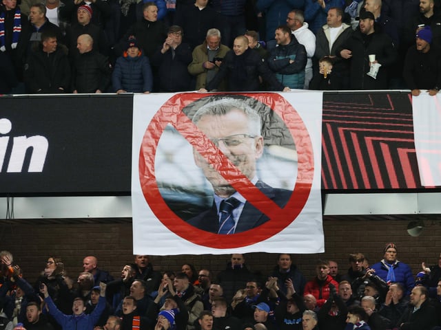 Rangers managing director Stewart Robertson was the target of fans’ anger ahead of the Europa League clash with Red Star Belgrade. Supporters unfurled three banners. "Better disabled facilities? No,” read one. "Friendly against the animals? Yes,” read the other, referring to the controversial match with Celtic in Australia. They were either side of a picture of Robertson behind a prohibition or no symbol. (Various)