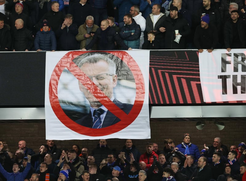 Rangers managing director Stewart Robertson was the target of fans’ anger ahead of the Europa League clash with Red Star Belgrade. Supporters unfurled three banners. "Better disabled facilities? No,” read one. "Friendly against the animals? Yes,” read the other, referring to the controversial match with Celtic in Australia. They were either side of a picture of Robertson behind a prohibition or no symbol. (Various)