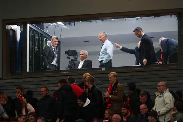 Roy Keane, Jose Mourinho and Graeme Souness sit in the television studio during the Premier League match between Manchester United and Liverpool FC at Old Trafford on October 20, 2019.