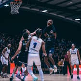 Fighting back: Jubril Adekoya (99, shooting) led the fightback in the first half before Sheffield Sharks awoke from their slumber a little too late against Cheshire Phoenix on Sunday. (Picture: Adam Bates)