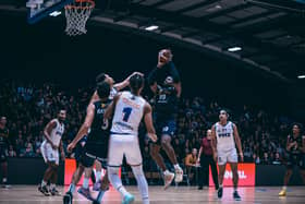 Fighting back: Jubril Adekoya (99, shooting) led the fightback in the first half before Sheffield Sharks awoke from their slumber a little too late against Cheshire Phoenix on Sunday. (Picture: Adam Bates)