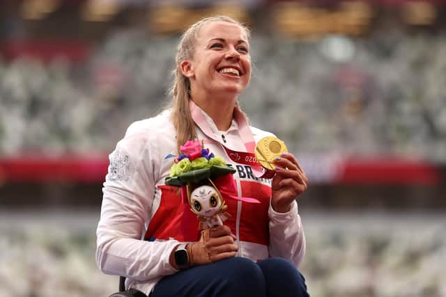 Seven Up: Gold medalist Hannah Cockroft of Team Great Britain celebrates during the medal ceremony for the Women's 800m - T34 Final on day 11 of the Tokyo 2020 Paralympic Games (Picture: Naomi Baker/Getty Images)