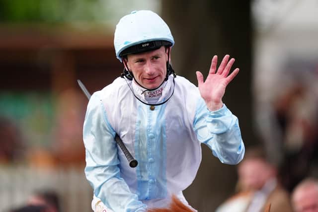 SAME AGAIN: Jockey Oisin Murphy celebrates on board Giavellotto after winning the Boodles Yorkshire Cup Stakes for the second successive year at York. Picture: Mike Egerton/PA