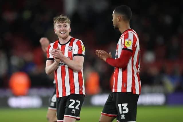 Sheffield United's Tommy Doyle (left) applauds the fans after the final whistle of the Sky Bet Championship match against Coventry City at Bramall Lane. Picture: Isaac Parkin/PA Wire.