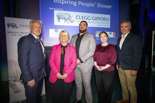 Pictured at the HullBID Inspiring People dinner are (from left) Paul Matson of Hull 4 Heroes, Kathryn Shillito of HullBID, Lewis Harrison of Clegg Gifford, Debra Gray of Hull College and Tim Shaw of KCOM. Picture: Karl Andre Smit