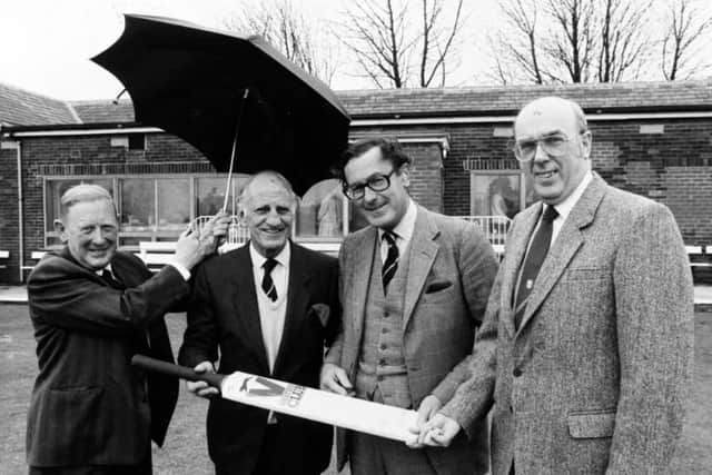 Picture courtesy of Mick Pope/YCCC. Keith Moss – far right. He is pictured alongside, from L-R, Pudsey St Lawrence president Richard Smith, Sir Leonard Hutton and Yorkshire president at the time, Viscount Montgarret. They were opening a new clubhouse extension – in 1986 – at Pudsey St Lawrence, where Moss was chair at the time. PSL was Hutton’s old club.