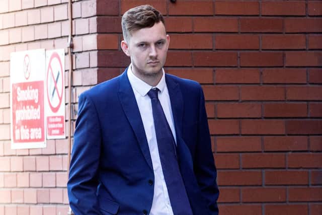 South Yorkshire Police officer, Rowan Horrocks, 26, arrives at Leeds Crown Court