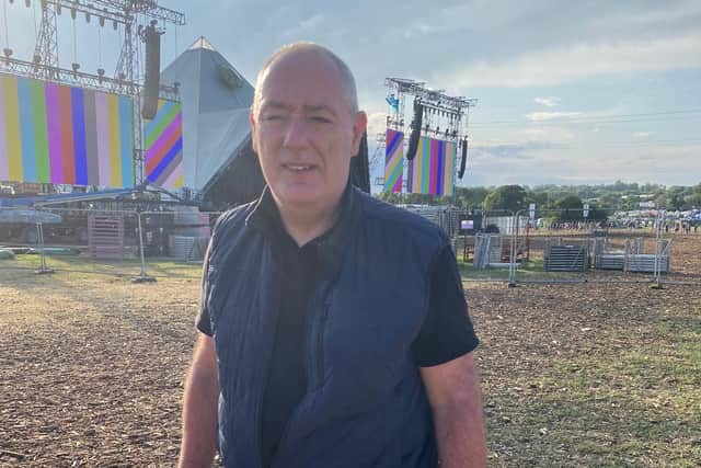 Steve Teale by the Pyramid Stage at Glastonbury.