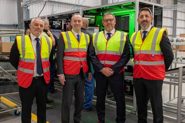 Pictured at the new Ideal Heating heat pump production line are, from left, Jason Speedy, chief operations officer; Lord Callanan; Shaun Edwards, CEO, Groupe Atlantic UK, Republic of Ireland and North America; and Mark Derbyshire, managing director (domestic products).