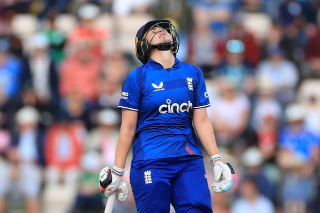 So close: England's Nat Sciver-Brunt reacts after failing to hit a boundary in the final over of the second one day international of the Women's Ashes Series at the Ageas Bowl, Southampton.(Picture: Bradley Collyer/PA)