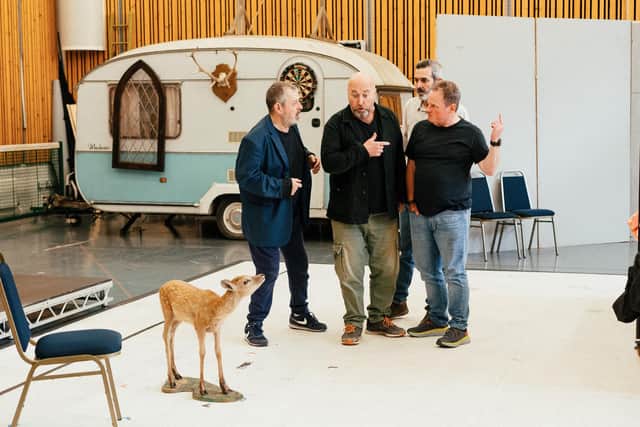 Paul Nilon as Dr Caius, Richard Burkhard as Ford, Dean Robinson as Pistol and Colin Judson as Bardolph rehearsing Falstaff. Picture: Tom Arber.