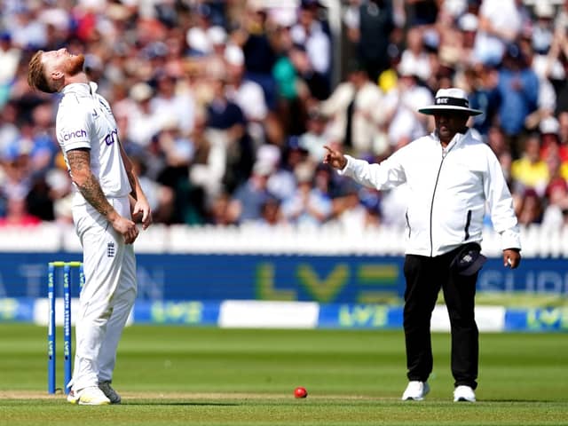 England's Ben Stokes reacts as the umpire signals a no ball. PIC: Mike Egerton/PA Wire.