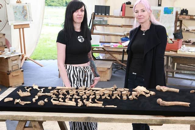 Osteoarchaeologist, Dr Lauren McIntyre and Dr Alice Roberts with the Medieval Anchoress skeleton from the York dig. 
Photograph: BBC/Rare TV
