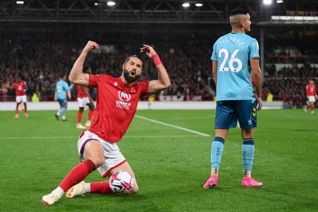 Felipe of Nottingham Forest reacts after being challenged by Carlos Alcaraz of Southampton (Picture: Shaun Botterill/Getty Images)