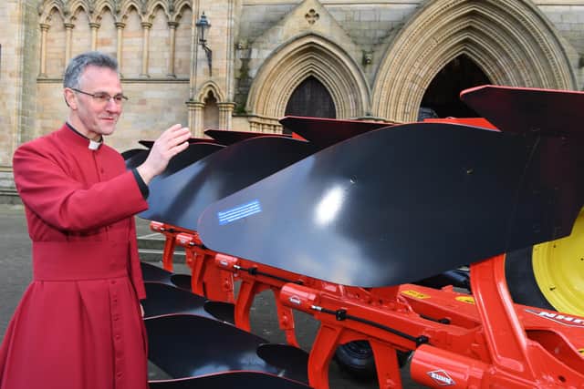 The Plough Sunday service at Ripon Cathedral last year where pictured blessing the plough outside Ripon Cathedral, is the Very Rev'd John Dobson, Dean of Ripon.
Picture Gerard Binks.