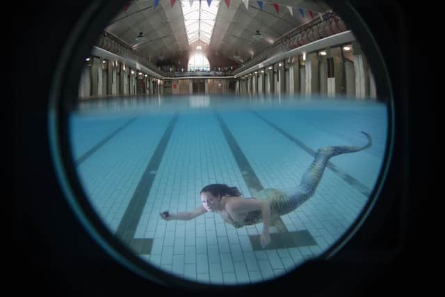 Bramley Baths, Leeds, is the only remaining Edwardian Bath-House in Leeds, and is Grade 11 listed. It first opened as a pool and public bath in 1904 Lucy Meredith dressed as mermaid is part of the Bramley Mermaids Club, swims in the baths. Picture taken by Yorkshire Post Photographer Simon Hulme
