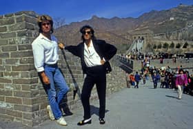 George Michael and Andrew Ridgeley at the Great Wall of China during the Wham! 1985 tour. Picture: BBC/Supercollider - Zinc Media Group/Neal Preston