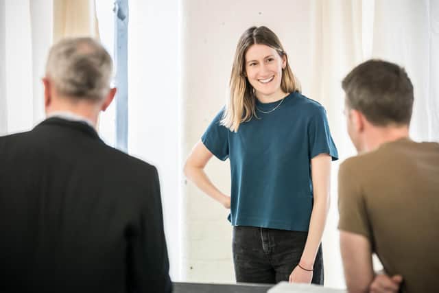 David Crellin (Donald), director Tess Seddon, centre, and Tom Lorcan (Mark) in rehearsals for A Passionate Woman. Picture: Marc Brenner