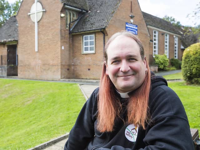 Reverend Robb Sutherland, vicar of Mixenden and Illingworth, outside Holy Nativity Church, Mixenden.