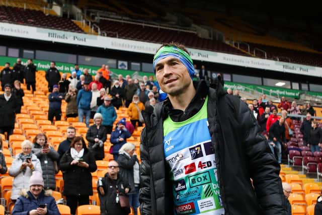Kevin Sinfield applauds the crowd following the end of day six in the Ultra 7 in 7 Challenge from to York to Bradford. The former Leeds captain is set to complete seven ultra-marathons in as many days in aid of research into Motor Neurone Disease, finishing by running into Old Trafford at half-time of the Rugby League World Cup tournament's finale on November 19. Picture: Isaac Parkin/PA Wire.