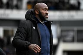 DERBY, ENGLAND - DECEMBER 03: Sheffield Wednesday manager Darren Moore during the Sky Bet League One between Derby County and Sheffield Wednesday at Pride Park Stadium on December 03, 2022 in Derby, England. (Photo by Gareth Copley/Getty Images)