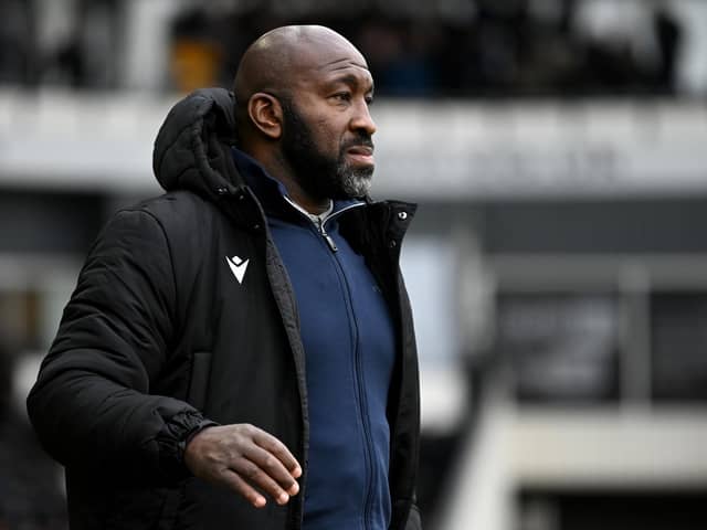DERBY, ENGLAND - DECEMBER 03: Sheffield Wednesday manager Darren Moore during the Sky Bet League One between Derby County and Sheffield Wednesday at Pride Park Stadium on December 03, 2022 in Derby, England. (Photo by Gareth Copley/Getty Images)