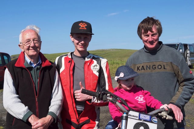 Three generations of Buxton-based speedway riders. Guy Allott (left), grandson Adam, son Nicky and Adam’s daughter Skye, pictured at Buxton Speedway in 2012