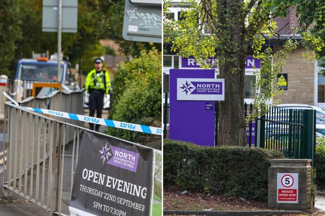 A police cordon in place outside the school in Huddersfield, left, and, the school gates, pictured right.