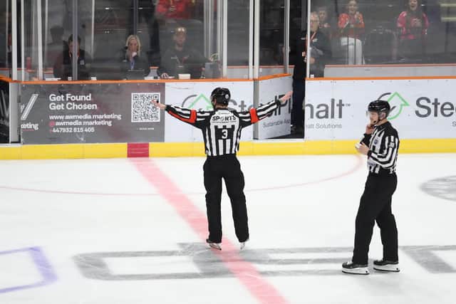 NO GOAL: Manchester's third 'goal' is waived off by the match officials for offside, as Sheffield Steelers went on to win 5-2. Picture: Cerys Heslop/Steelers Media.
