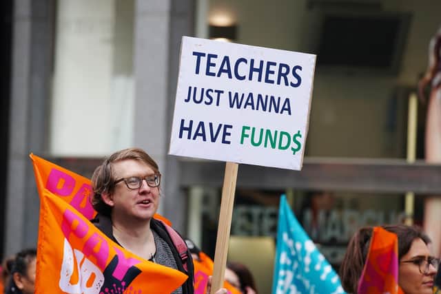 Members of the National Education Union (NEU) during a rally in Manchester, as teachers in the north of England begin the first of three days of nationwide strike action in a long-running dispute over pay.