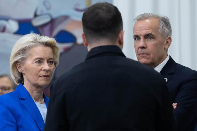 President of the European Commission Ursula von der Leyen and Prime Minister of Canada Mark Carney (right) speak with Ukrainian President Volodymyr Zelensky. PIC: Stefan Rousseau/PA Wire