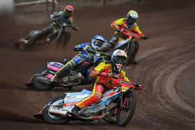 NOT TO BE: Action from the recent meeting at Owlerton between Premiership rivals Sheffield Tigers and Leicester Lions, the visitors going on to win 48-42 on the night. Picture: Jonathan Gawthorpe.