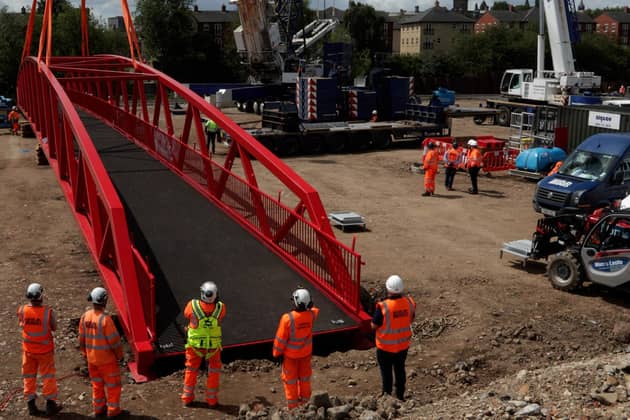 Latimer’s Kirkstall Road development has taken a step forward with the installation of a new 56-metre-long pedestrian bridge.