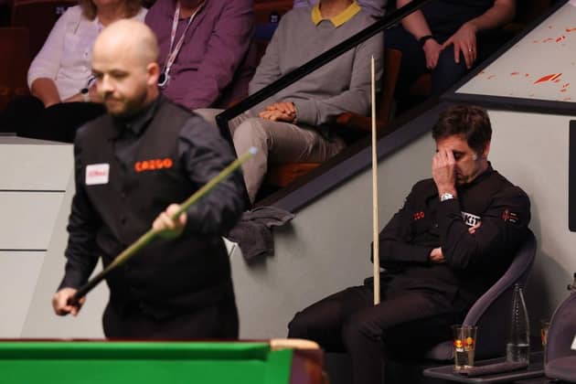SHEFFIELD, ENGLAND - APRIL 26: Ronnie O'Sullivan of England reacts during their Quarter Final match against Luca Brecel of Belgium on Day Twelve of the Cazoo World Snooker Championship 2023 at Crucible Theatre on April 26, 2023 in Sheffield, England. (Photo by George Wood/Getty Images)