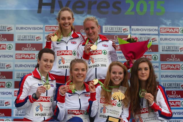 Calli Thackery, back right, with  Laura Muir, bottom left, after winning gold for the Great Britain's Under-23s cross-country team in France in 2015 (Photo by Michael Steele/Getty Images)