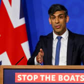 Britain's Prime Minister Rishi Sunak speaks during a press conference, at the Downing Street Briefing Room, in central London, on April 22, 2024 regarding the Britain and Rwanda treaty to transfer illegal migrants to the African country.