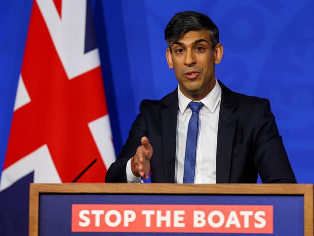 Britain's Prime Minister Rishi Sunak speaks during a press conference, at the Downing Street Briefing Room, in central London, on April 22, 2024 regarding the Britain and Rwanda treaty to transfer illegal migrants to the African country.