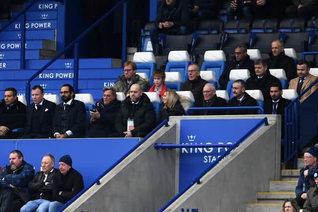 UNDER PRESSURE: (From from row left of director's box) Leeds United chairman Andrea Radrizzani,  chief executive Angus Kinnear and director of football Victor Orta are under growing pressure after a number of mis-steps