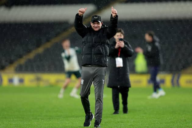 Middlesbrough manager Kim Hellberg celebrates at the final whistle after the recent Sky Bet Championship game at the MKM Stadium, Hull. Picture: Nigel French/PA Wire.